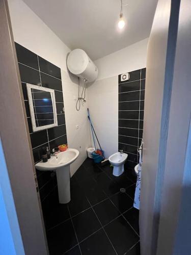 a bathroom with a sink and a toilet at Asli's Comfy Studio APT in Tirana