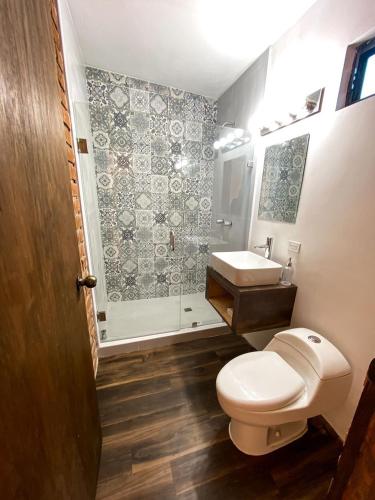 a bathroom with a toilet and a sink and a shower at Palta 60 Valle de Guadalupe in Valle de Guadalupe