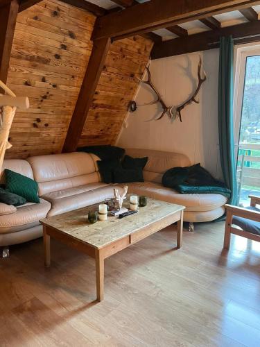 un salon avec un canapé et une table basse dans l'établissement CHALET- Vallée de LUCHON - Vallée DE LA PIQUE, à Cierp