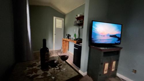 a living room with a television and a bottle of wine at Pousada Casa Florinda in Teresópolis