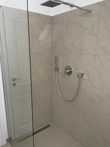 a shower stall with a glass door and a shower constructor at Apartmánový dům Jánský sen in Janske Lazne