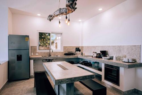 eine Küche mit einer Arbeitsplatte und einem Kühlschrank in der Unterkunft Yellow Heron House in Puerto Villamil