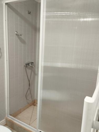 una ducha con puerta de cristal en un baño en Cabañas Marina del Sur 1, en Puerto Natales