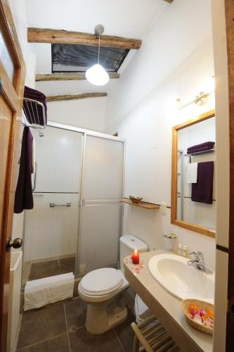 a bathroom with a toilet and a shower and a sink at Maison Fortaleza in Cusco