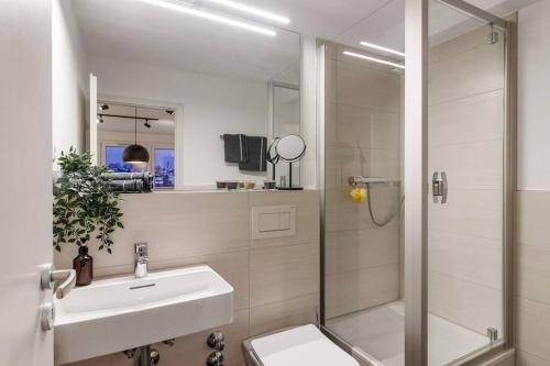 a bathroom with a shower and a sink and a toilet at Appartement für 2 - WLAN - Parkplatz - Homeoffice in Kaiserslautern