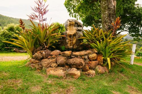 a pile of rocks and plants in front of a statue at Pousada Mirante dos Ipês - Capitólio - MG in Capitólio