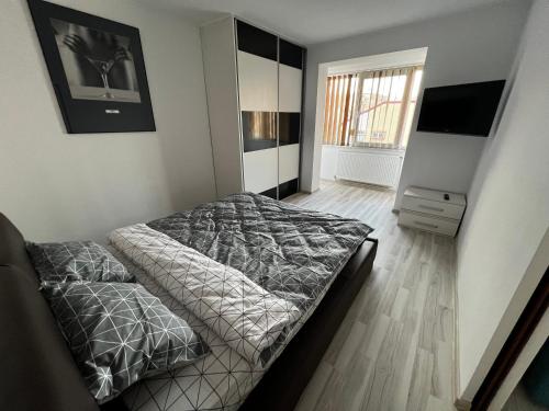 um quarto com uma cama e uma televisão em Apartament Teo Ultracentral em Piteşti