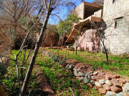 a yard with a stone wall and a house at Ourika Mountains View in Irghaf