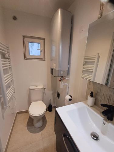 帕艾維坡斯特的住宿－Super F2 à 5mn aéroport d'Orly，浴室配有白色卫生间和盥洗盆。