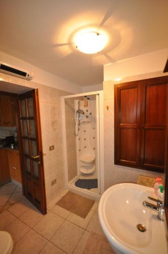 a bathroom with a sink and a shower and a toilet at Cat Marvei in Villadossola