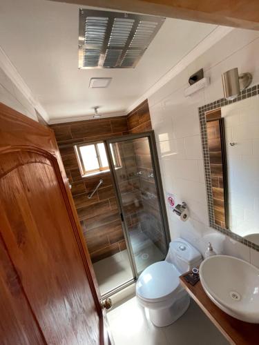 a bathroom with a shower and a toilet and a sink at Residencial Victoria Said in Linares