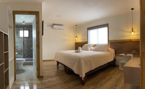 a bedroom with a bed and a bathroom with a toilet at Residencial Victoria Said in Linares