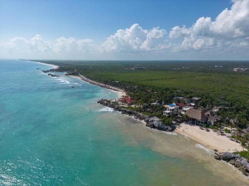 an aerial view of a beach and the ocean at Tropicalito Villa on the Beach in Tulum