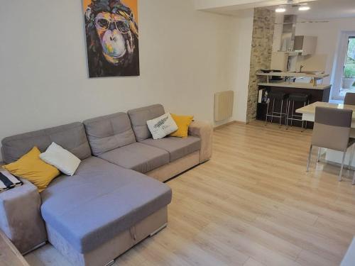 un salon avec un canapé et une salle à manger dans l'établissement Dumur - centre ville Evian, à Évian-les-Bains