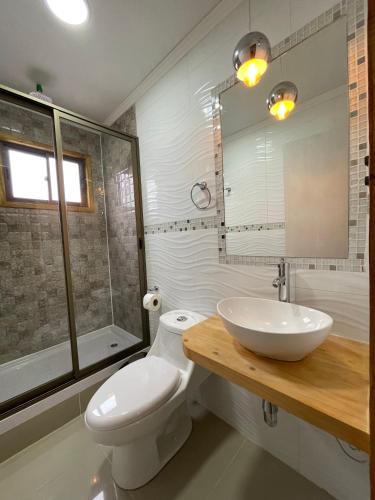 a bathroom with a toilet and a sink and a shower at Residencial Victoria Said in Linares