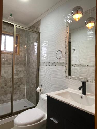 a bathroom with a toilet and a sink and a shower at Residencial Victoria Said in Linares