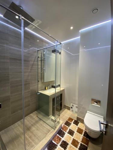 a bathroom with a glass shower and a toilet at Luxurious 2BD Flat Heart of London Mayfair! in London