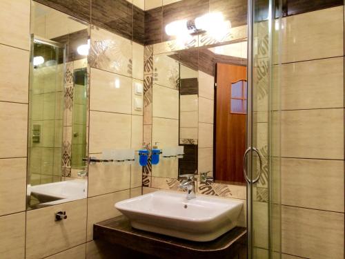 a bathroom with a sink and a mirror at Hotel i Restauracja Sara in Polanica-Zdrój