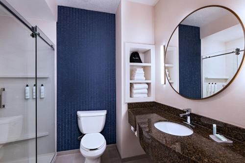 a bathroom with a toilet and a sink and a mirror at Fairfield by Marriott Inn & Suites Hillsboro in Hillsboro