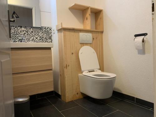 a bathroom with a white toilet in a room at Bassin d'Arcachon Ares Charmant T2 jardin in Arès