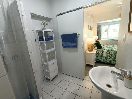a bathroom with a shower and a sink and a toilet at Muri Retreat Apartments in Rarotonga