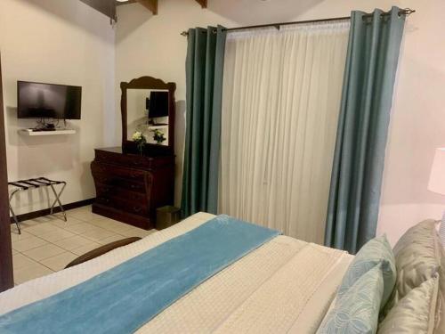 アラフエラにあるLuxury Apt, fully equipped, near to SJO airportのベッドとドレッサーと鏡のある寝室
