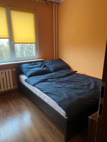 a bed sitting in a room with two windows at Andersa 8/67 in Słupsk