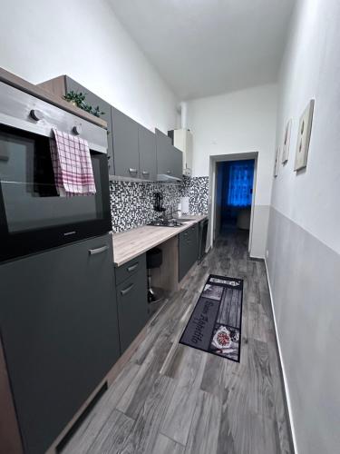 a kitchen with grey cabinets and a rug on the floor at Cozy Homes Vienna in Vienna