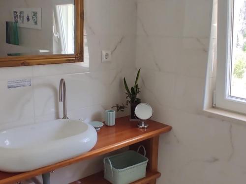 a bathroom with a sink and a mirror on a wooden counter at Seaside holiday house Cove Tri luke, Korcula - 22092 in Vela Luka