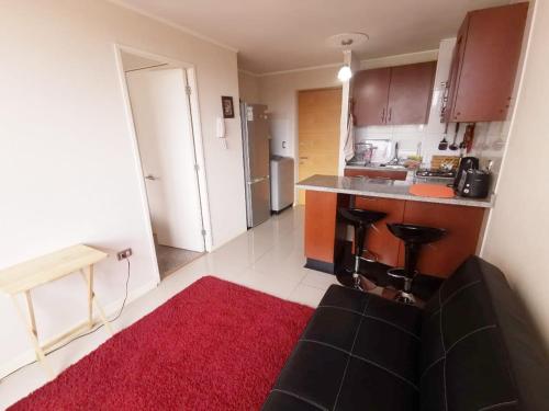 a kitchen with a counter and a red rug at Brisas del sol in Talcahuano