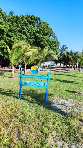 a blue bench in a field with palm trees at Sharick Beach House in Tubará