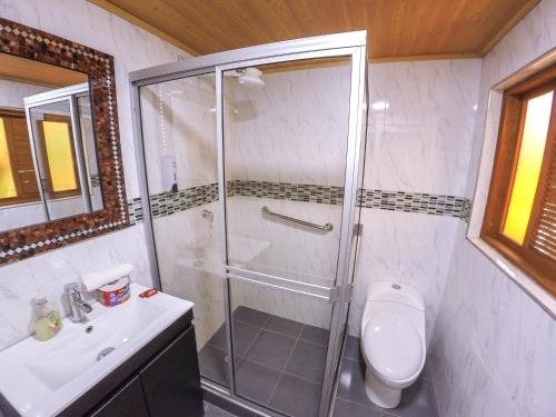 a bathroom with a shower and a toilet and a sink at Casa Custodia in Ráquira