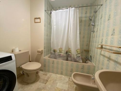 une salle de bain avec toilettes, douche et lavabo dans l'établissement Studio proche plage avec parking privatif et balcon - FR-1-92-615, à Les Sables-dʼOlonne