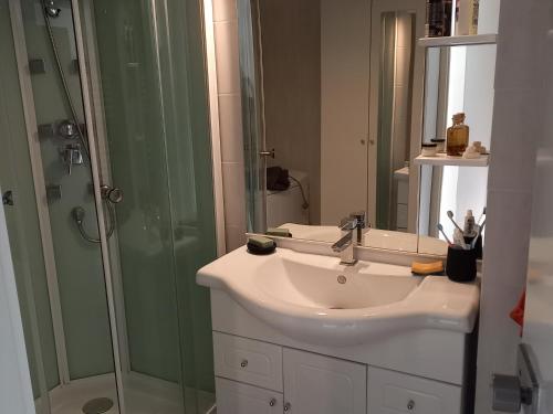 une salle de bain avec un lavabo et une douche dans l'établissement Maison rénovée 2 chambres, proche forêt, terrasse, Saint Jean de Monts - FR-1-323-244, à Saint-Jean-de-Monts