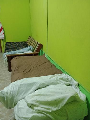 2 camas en una habitación con una pared verde en Camas para descansar en el centro en San Carlos de Bariloche