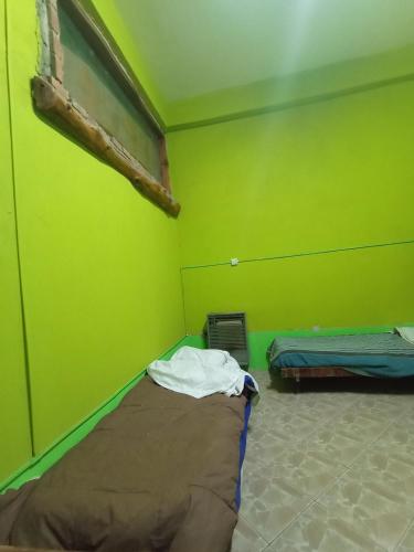 Habitación verde con 2 camas y ventana en Camas para descansar en el centro en San Carlos de Bariloche