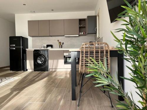 une cuisine avec laveuse et sécheuse dans l'établissement Villa pieds dans l'eau, 4 pers, 2 chambres, terrasse, parking, plage directe, Grau d'Agde - FR-1-749-39, au Grau-dʼAgde