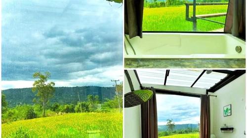 two pictures of a window with a view of a field at Heaven Hill Camping in Ban Thung Na
