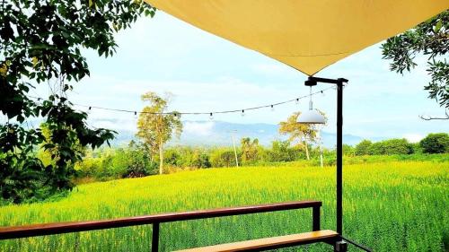 a park bench with a view of a field at Heaven Hill Camping in Ban Thung Na