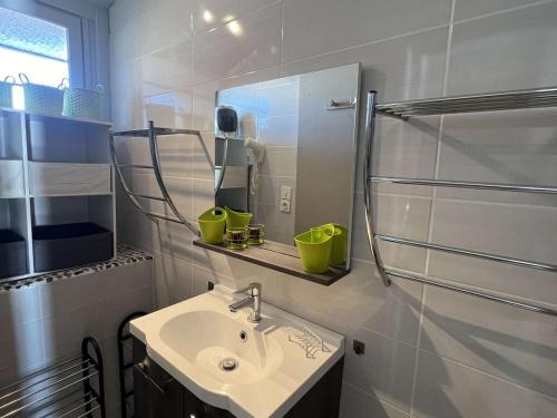 une salle de bain avec un lavabo et un miroir dans l'établissement T2 à Valras-Plage, 4 pers, à 30m de la plage, parking privé, cuisine équipée - FR-1-701-74, à Valras-Plage