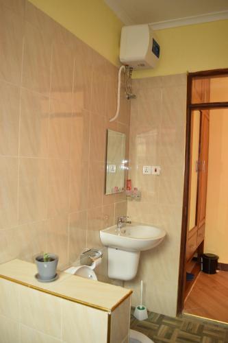 La salle de bains est pourvue d'un lavabo, de toilettes et d'un miroir. dans l'établissement Tongas place, à Arusha