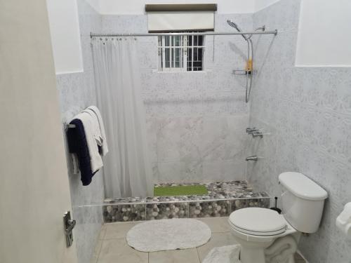 a white bathroom with a shower and a toilet at La Rose Apartment in Montego Bay