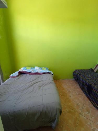 uma cama num quarto com uma parede verde em Camas para descansar en habitación compartida em San Carlos de Bariloche