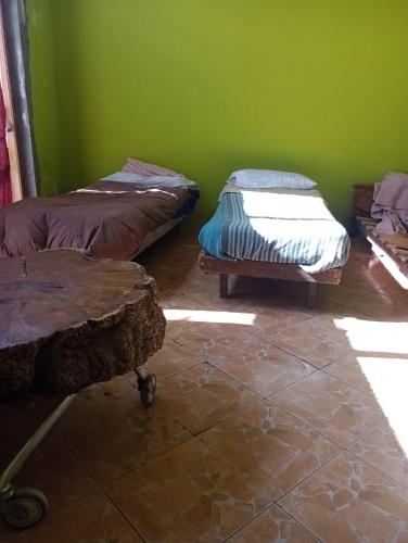 Duas camas num quarto com uma parede verde em Camas para descansar en habitación compartida em San Carlos de Bariloche