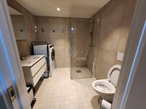 een badkamer met een douche, een toilet en een wastafel bij Fefe's Luxury Rooms in Ask Gjerdrum/Oslo in Gjerdrum