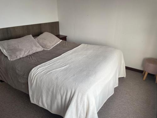 a bedroom with a bed with a white bedspread and a chair at Casa Sra Oti, Tipo Hostal con vista al mar Puerto Montt - CHINQUIHUE in Puerto Montt