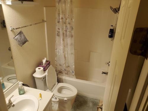 a bathroom with a toilet and a sink and a tub at Not Vegas, But Close Enough in Boulder City