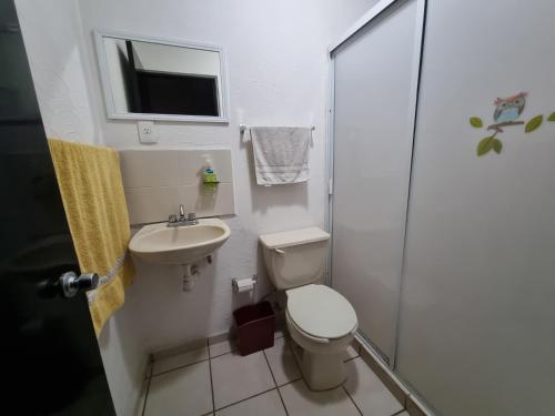 y baño con aseo, lavabo y ducha. en Casa con alberca a 15min poliforum y centro max Brisas en León
