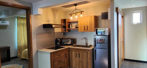 a kitchen with a sink and a refrigerator at Phoenix Beach Apartments sea view in Flic-en-Flac