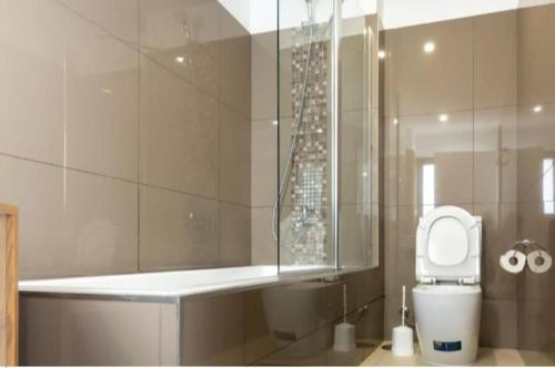 Un baño con inodoro y ducha de cristal. en Riviera residence by T T P, en Accra